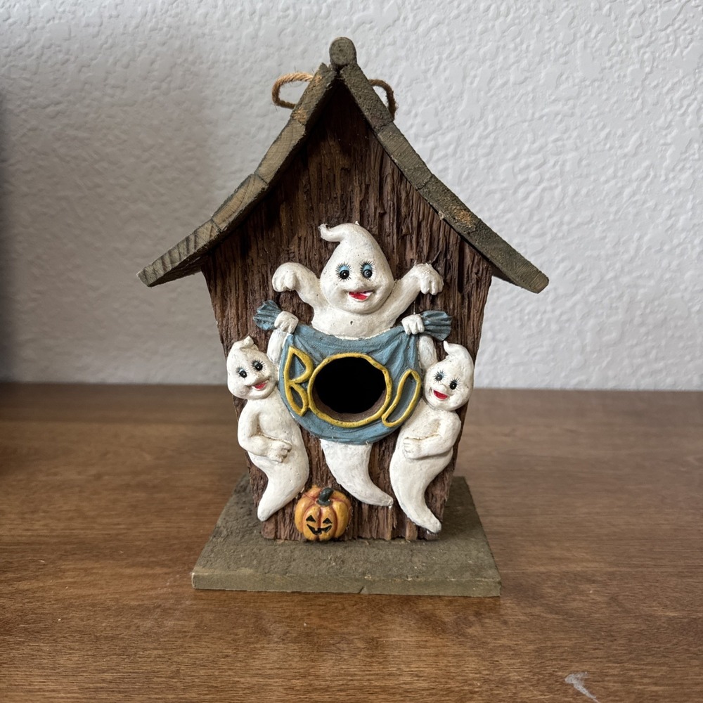 Halloween Wooden Birdhouse With Ceramic Ghost Boo